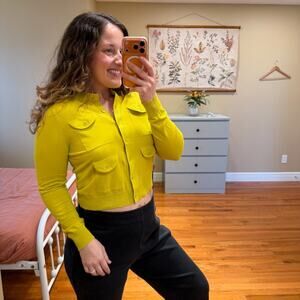 NWT THE GREAT. Yellow Green Cotton Cardigan Sweater 0 XS